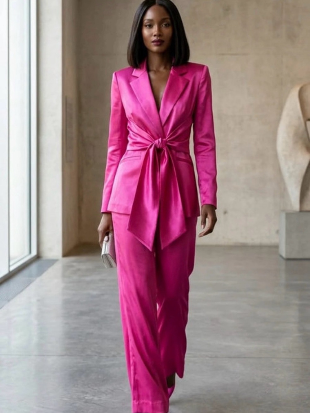 Zara Satin Tie-Waist Pantsuit in Hot Pink